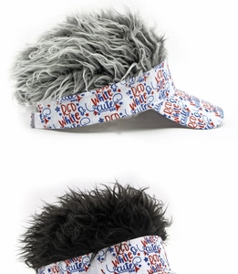 Detail of wig baseball cap with Red White & Cute prints and synthetic hair textures