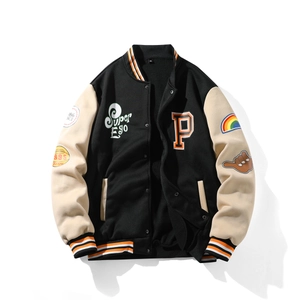 Men's retro baseball jacket in black and beige with multi-patch embroidery and letter P
