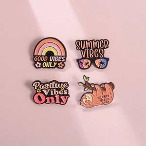 Cartoon summer badge set with rainbow sunglasses and sleepy sloth designs on pink backdrop