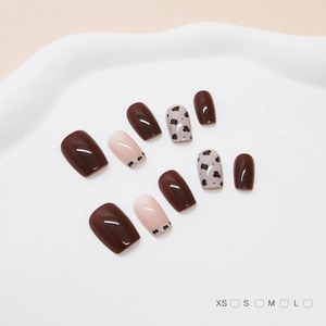 Press On Nails Handmade Short Square Round Leopard Print Dark Brown Nude Pink Glossy ABS Plastic Full Cover Artificial Fingernails For Women