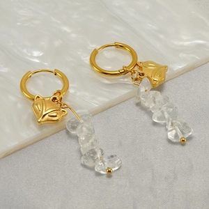 Elegant gold titanium steel hoop earrings with fox charm and clear natural stone beads