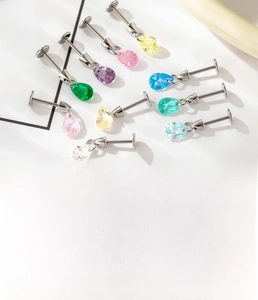 Detailed view of colorful teardrop zircon stud earrings with 0.8x6mm stainless steel posts