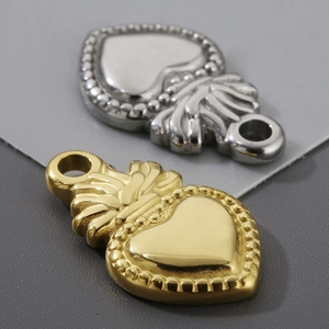 Polished stainless steel heart pendants with crown design in gold and silver finish