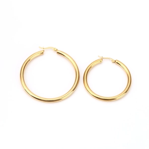 Polished gold-plated stainless steel hollow hoop earrings in two sizes on white background