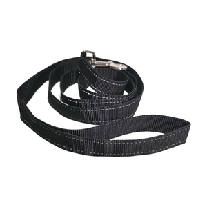 Detail of black nylon pet leash with reflective stitching and heavy duty metal clasp