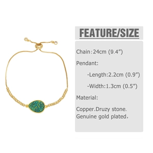 Adjustable gold plated brass bracelet with green druzy stone pendant and sliding buckle