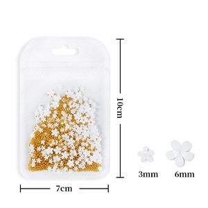 DIY nail art resin flowers and gold beads set in a 10x7cm bag with 3mm and 6mm sizes