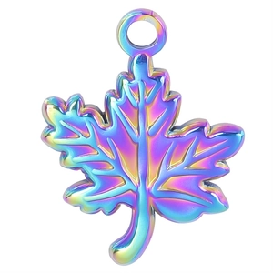 Rainbow maple leaf pendant in polished stainless steel with iridescent 18k gold plating