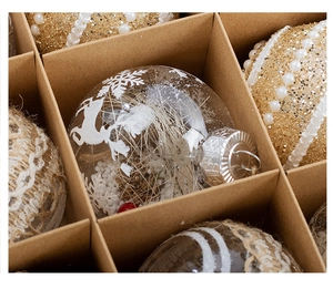 Close-up of 8cm Christmas ball set with reindeer, snowflakes and rustic hemp textures