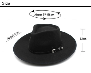 Detailed size chart for black wool fedora hat showing brim width and crown height