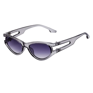 Fashionable oval sunglasses with transparent grey frame and purple gradient lenses
