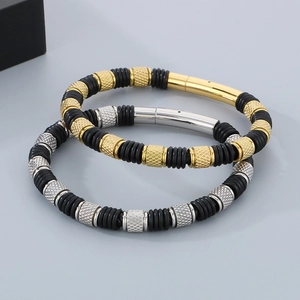 Men's mesh texture leather bracelet with gold and silver bead accents on grey background