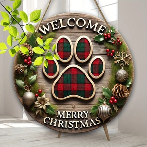 Christmas round wooden sign with plaid paw print and festive evergreen accents for doors