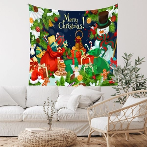 Detail of Bohemian Christmas tapestry featuring snowman and festive ornaments background