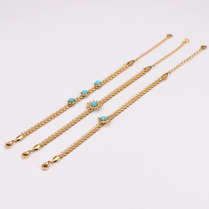 Vintage gold stainless steel bracelets with turquoise sun charms and wheat ear chain