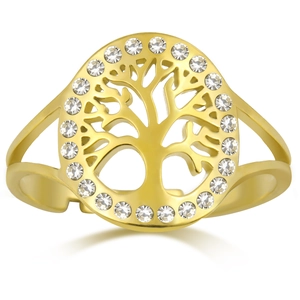 Detailed view of the hollow Tree of Life ring with sparkling cubic zirconia border