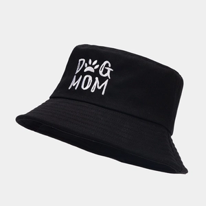 Classic black cotton bucket hat with white DOG MOM embroidery and paw print design
