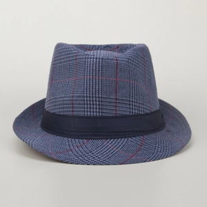 Close-up of blue-grey plaid fedora hat with red stripes and dark blue ribbon band