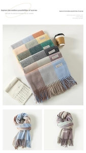 Macro detail of soft plaid scarf with fringe tassels and morandi color grid pattern