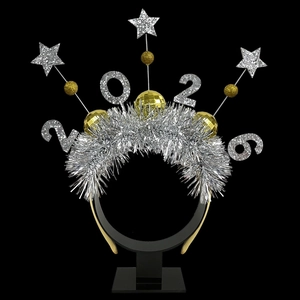 Gold and silver 2026 New Year headband with glitter stars and decorative balls