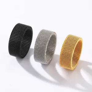 Mesh Ring Stainless Steel Wide Band Geometric Grid Weave Industrial Modern Style Unisex Fashion Jewelry Accessories