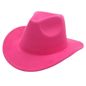 Detailed side view of a vibrant hot pink western cowboy hat with a wide brim and sturdy felt