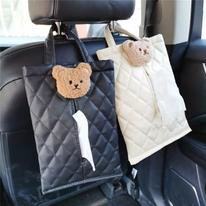 Car seat headrest tissue holder in black and beige PU leather with cute plush bears