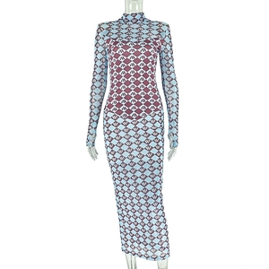 Close-up of geometric diamond print texture on high neck slim fit bodycon dress