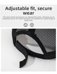 Detail of adjustable Velcro strap on black mesh baseball cap for custom head sizing