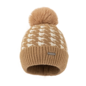 Winter houndstooth knit beanie featuring a fluffy pompom and cozy ribbed cuff design