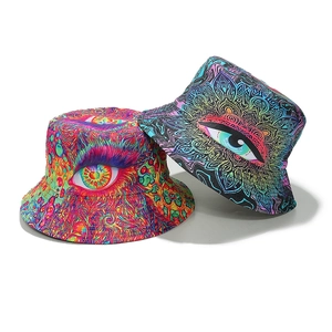 Psychedelic bucket hats with vibrant rainbow eye patterns and mandala graphic design