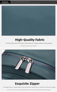 Close-up of litchi texture blue PU leather and shiny silver dual metal zippers