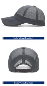 Detailed side and back view of dark grey mesh sun hat with adjustable snapback strap