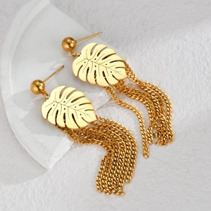 Vintage gold leaf tassel earrings with monstera leaf design in polished titanium steel