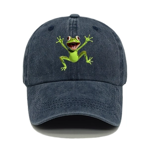 Washed denim baseball cap featuring a green cartoon frog embroidery in dark blue finish