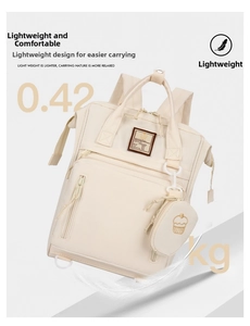 Detail of a lightweight cream nursing backpack weighing only 0.42kg with feather elements