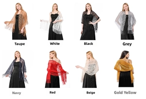 Lace fringe shawl display in eight colors including gold, beige, navy and red