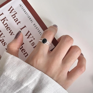 925 Sterling Silver Black Agate Adjustable Open Ring Vintage Minimalist Geometric Twisted Rope Texture Jewelry For Women