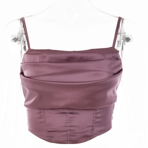Detail of dark mauve satin camisole with cowl neck and vertical corset stitching
