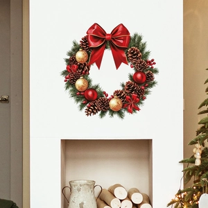 Realistic Christmas wall sticker with red bow, pine cones and ornaments on a white wall