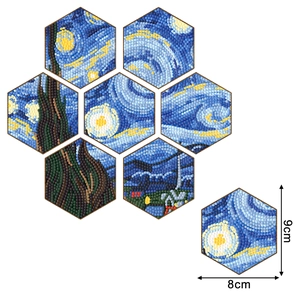 Detail view of hexagonal Van Gogh Starry Night diamond painting coasters set, 8cm x 9cm