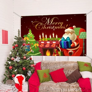 Detail of burgundy Christmas backdrop with Santa and fireplace hanging in a cozy living room