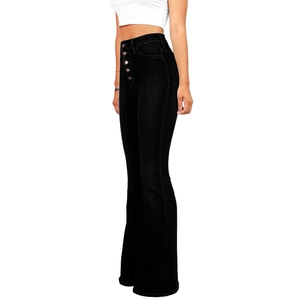 Detailed side view of high-waisted black flared jeans with five-button fly and stretch fit