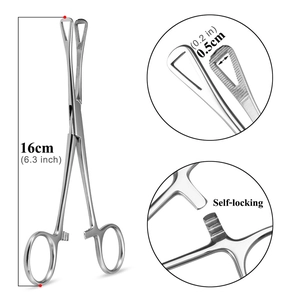 Dettaglio pinza per piercing autobloccante da 16 cm in acciaio inox con dimensioni
