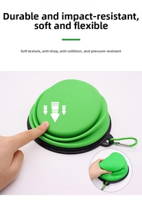 Functional demonstration of the foldable green silicone pet bowl showing its collapsible design