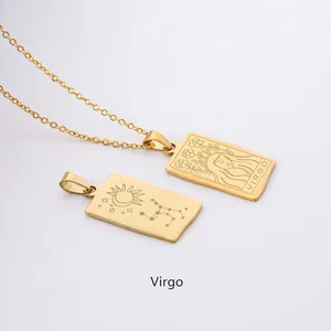 Macro view of gold Virgo constellation square pendant with fine linear engraving detail