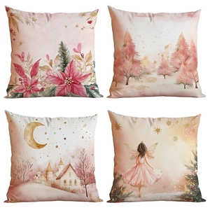 Pink and gold Christmas pillow covers with festive winter scenes and floral patterns