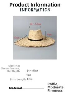 Size chart for a wide brim raffia sun hat with 17cm brim and frayed edge detail