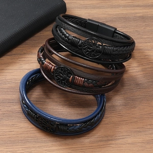 Three multi-layer leather bracelets in black, brown and blue with tree of life magnetic clasp