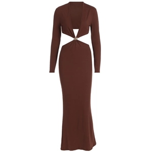 Detail of deep V-neckline and waist cutout design with metal ring on brown dress